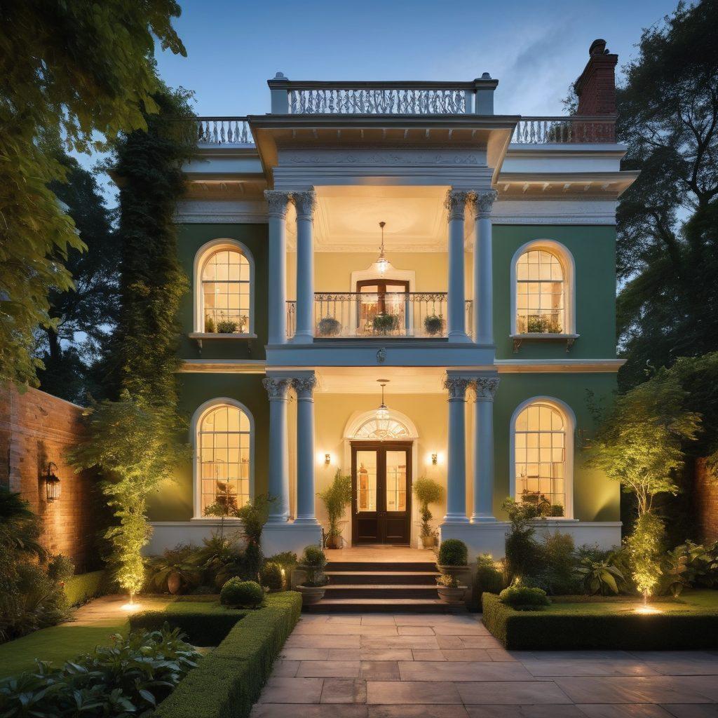 An elegant Georgian building with intricate period details, adorned with lush green vines and classic columns. Inside, a modern interior showcases a blend of rich textiles and contemporary furniture, framed by large windows revealing a beautiful garden. The scene encapsulates the harmony of history and modern design, with warm lighting enhancing the atmosphere. vintage style with vibrant colors. super-realistic.
