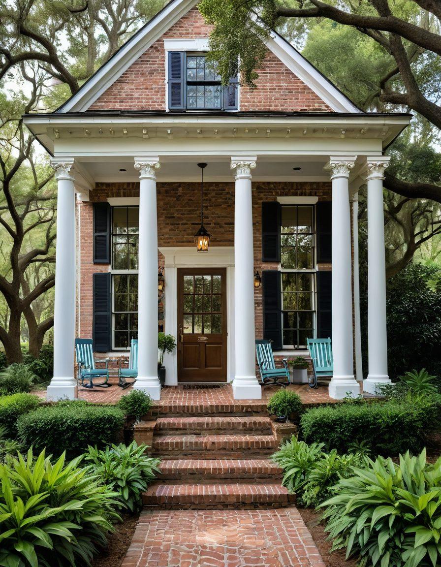 A beautifully renovated Georgian home showcasing Southern charm, featuring elegant outdoor spaces with lush gardens, classic rocking chairs on a porch, and vintage decor accents. Sunlight filters through the trees, casting a warm glow on rustic brick pathways. Emphasize a peaceful, inviting atmosphere. super-realistic. vibrant colors. natural elements.