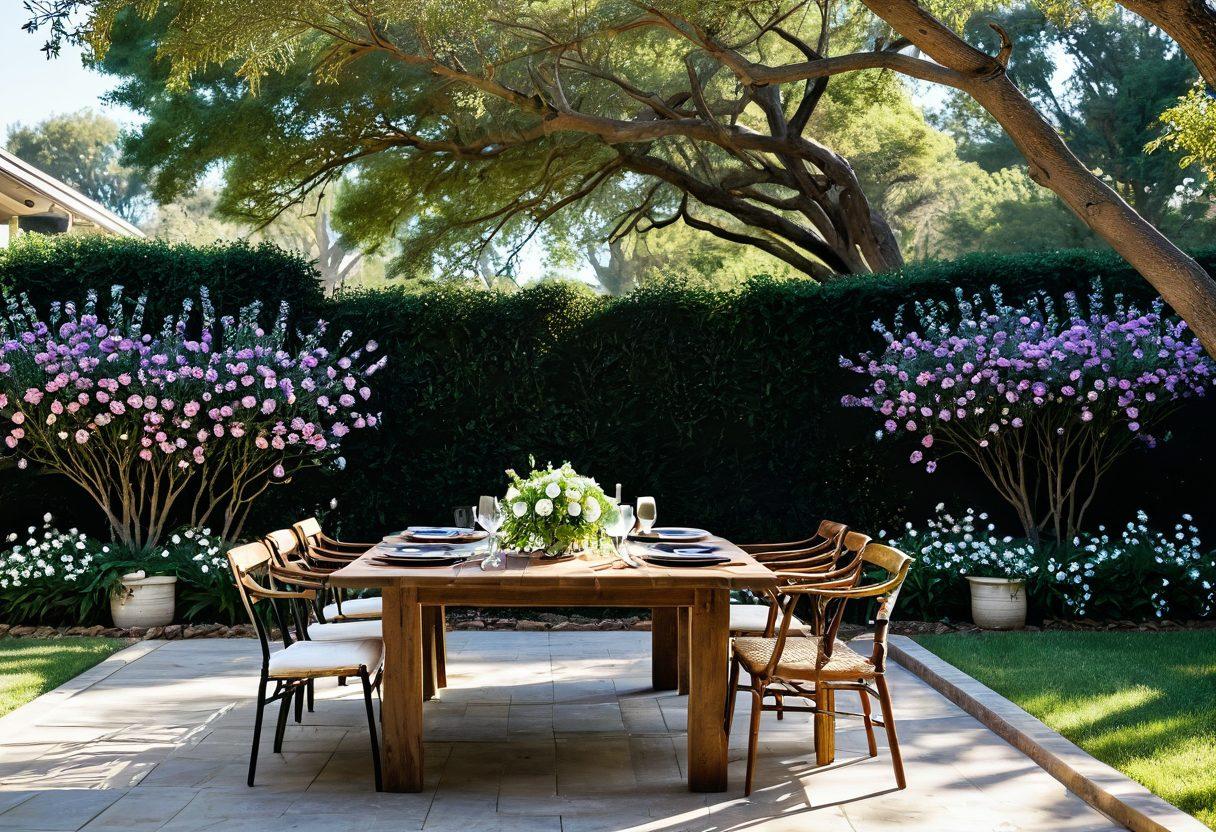 A stunning outdoor space featuring a beautifully set dining table adorned with delicate floral arrangements, twinkling fairy lights overhead, and southern-style decorations. Surrounding the table, lush greenery, vibrant wildflowers, and elegant outdoor furniture create a charming atmosphere. Sunlight filters through the trees, casting soft shadows on the scene. Capturing the essence of southern elegance with a warm, inviting feel. super-realistic. vibrant colors.